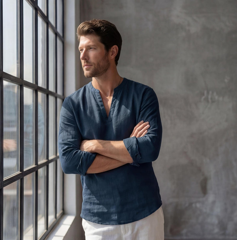 Men's Linen V-Slit Neck Shirt, Custom Length, photo 3