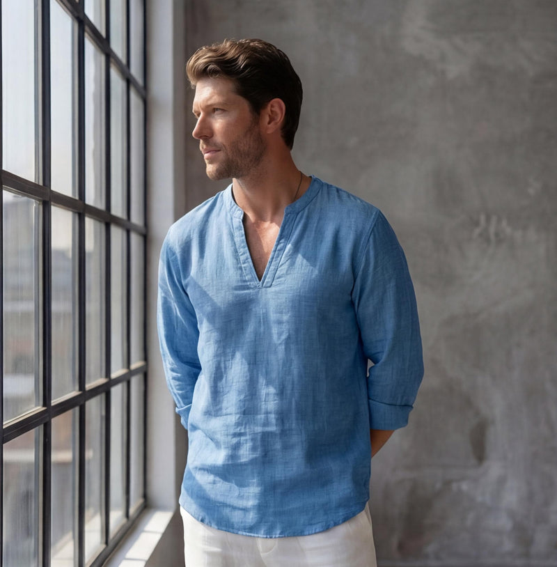 Men's 100% Linen V-Slit Neck Shirt