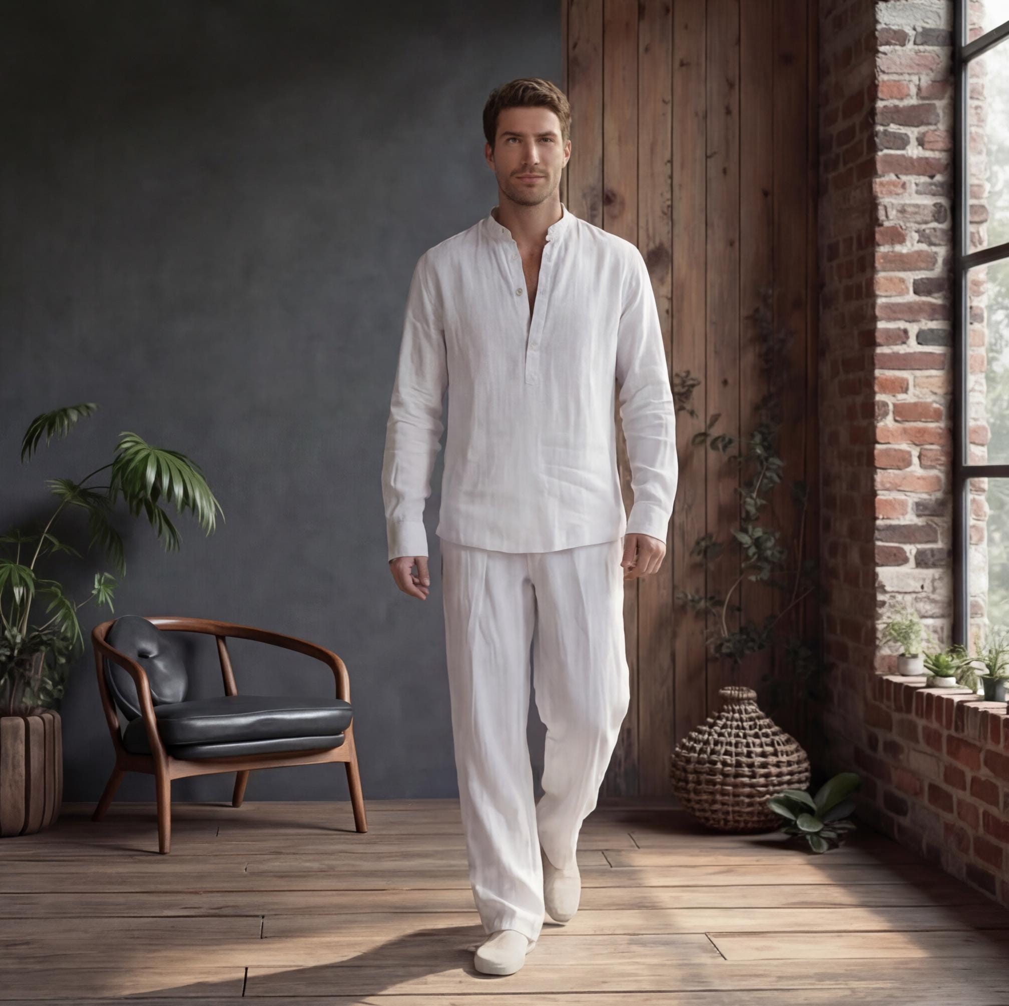 Linen clothes for Men, Relaxed Fit Linen Shirt with Mandarin Collar, Minimal placket look short front slit, Men Linen Resort Wear