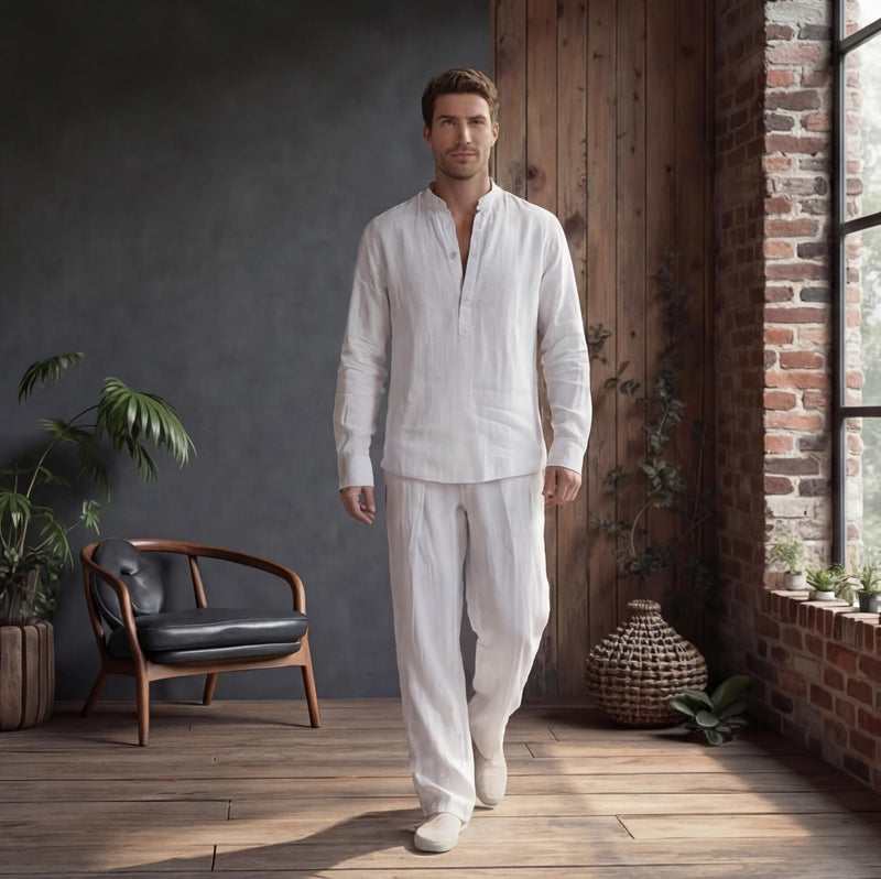 Men's Mandarin Collar Linen Resort Shirt, photo 2
