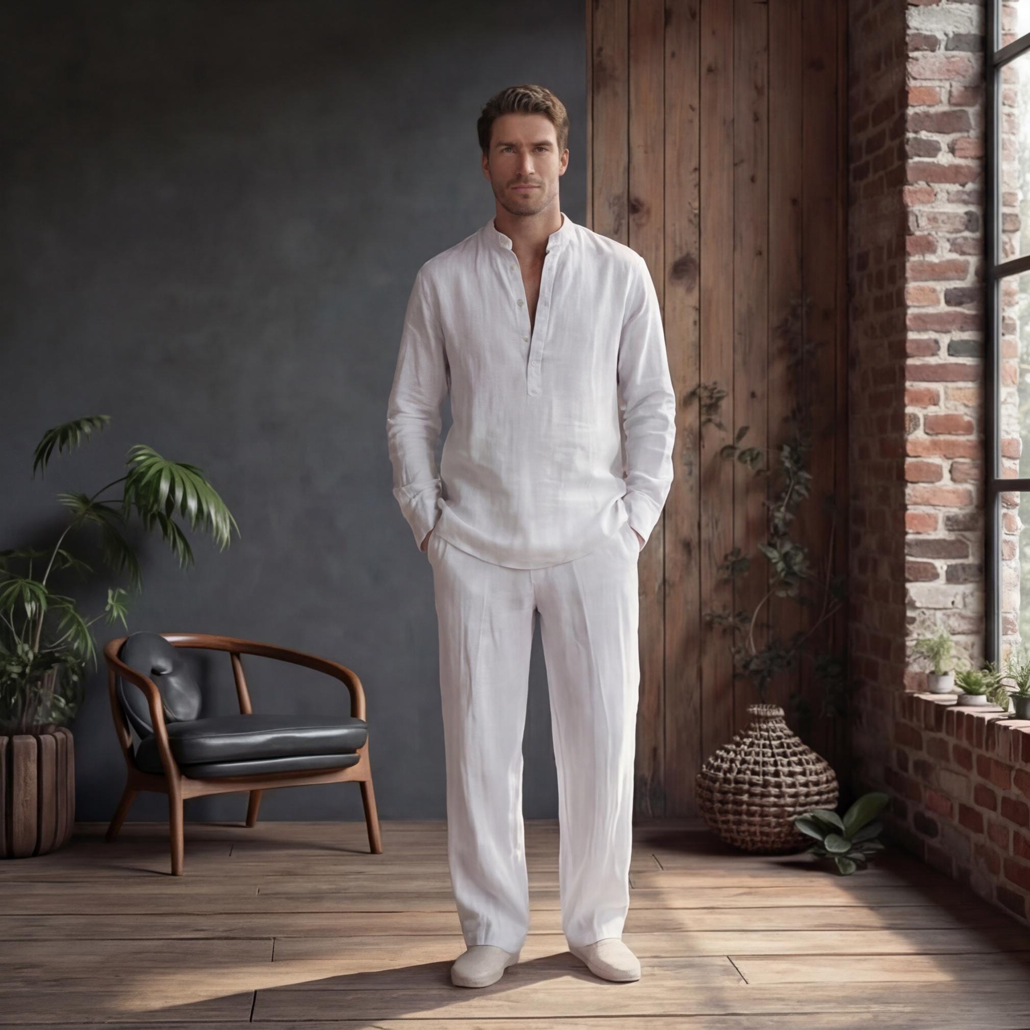Linen clothes for Men, Relaxed Fit Linen Shirt with Mandarin Collar, Minimal placket look short front slit, Men Linen Resort Wear