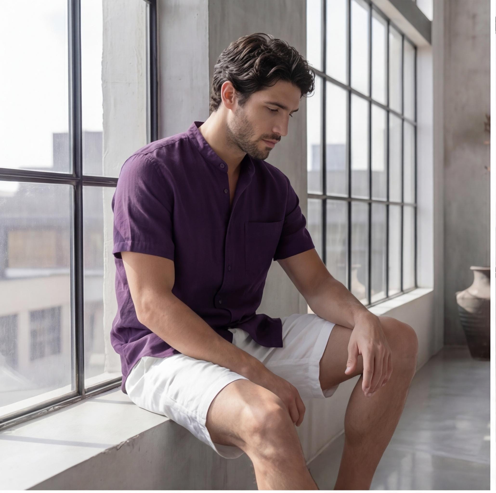 Men's Relaxed Fit Short Sleeve Shirt with Mandarin Collar, crew neck tee, Short Sleeve Casual Summer Top, Solid Color Beachwear