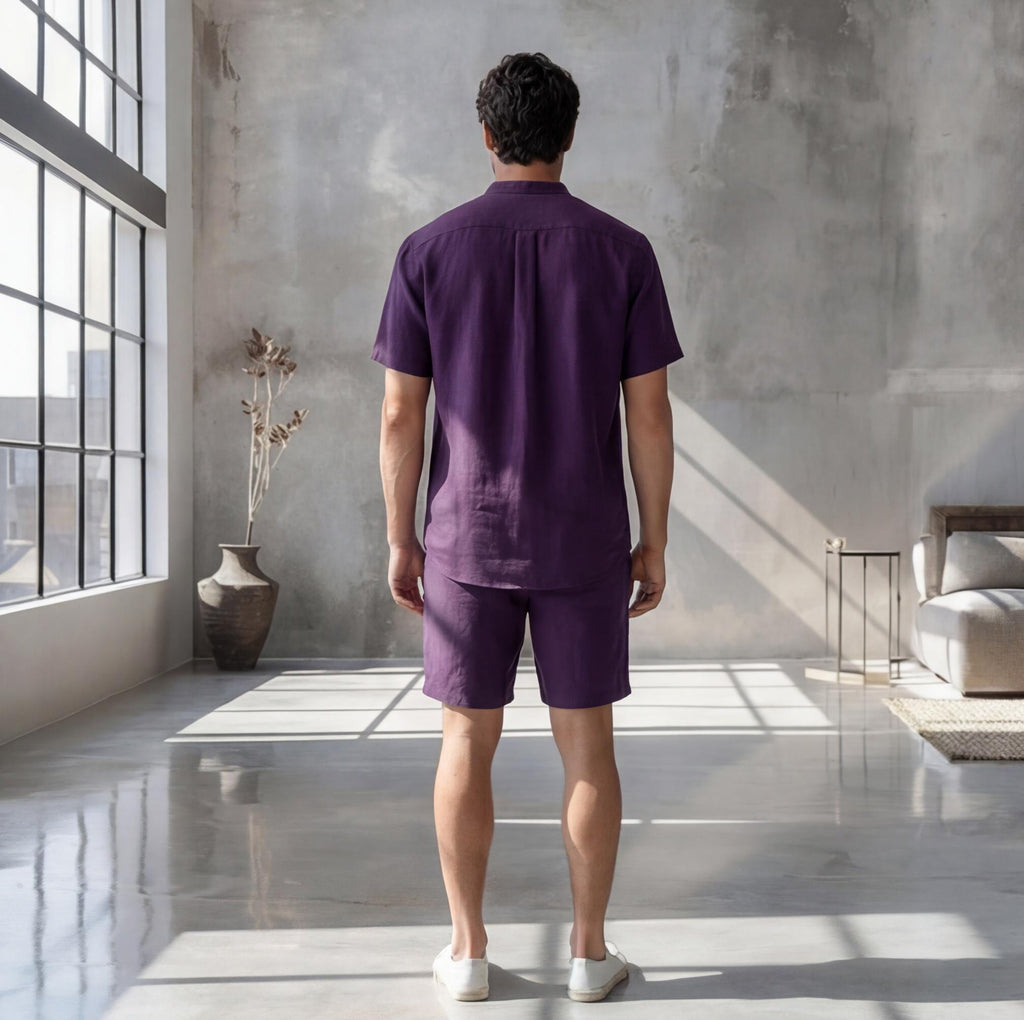 Men's Relaxed Fit Short Sleeve Shirt with Mandarin Collar, crew neck tee, Short Sleeve Casual Summer Top, Solid Color Beachwear