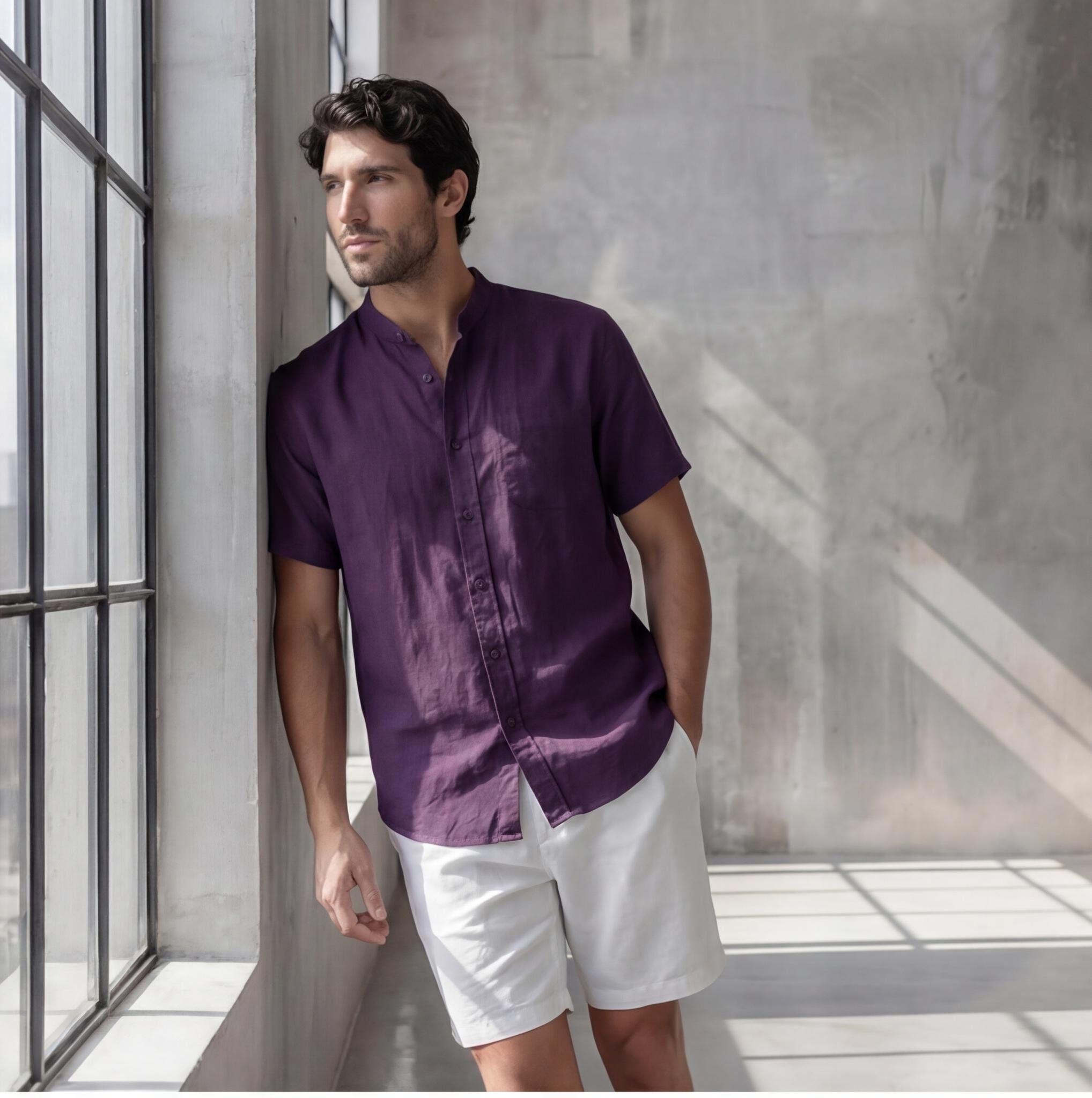 Men's Relaxed Fit Short Sleeve Shirt with Mandarin Collar, crew neck tee, Short Sleeve Casual Summer Top, Solid Color Beachwear