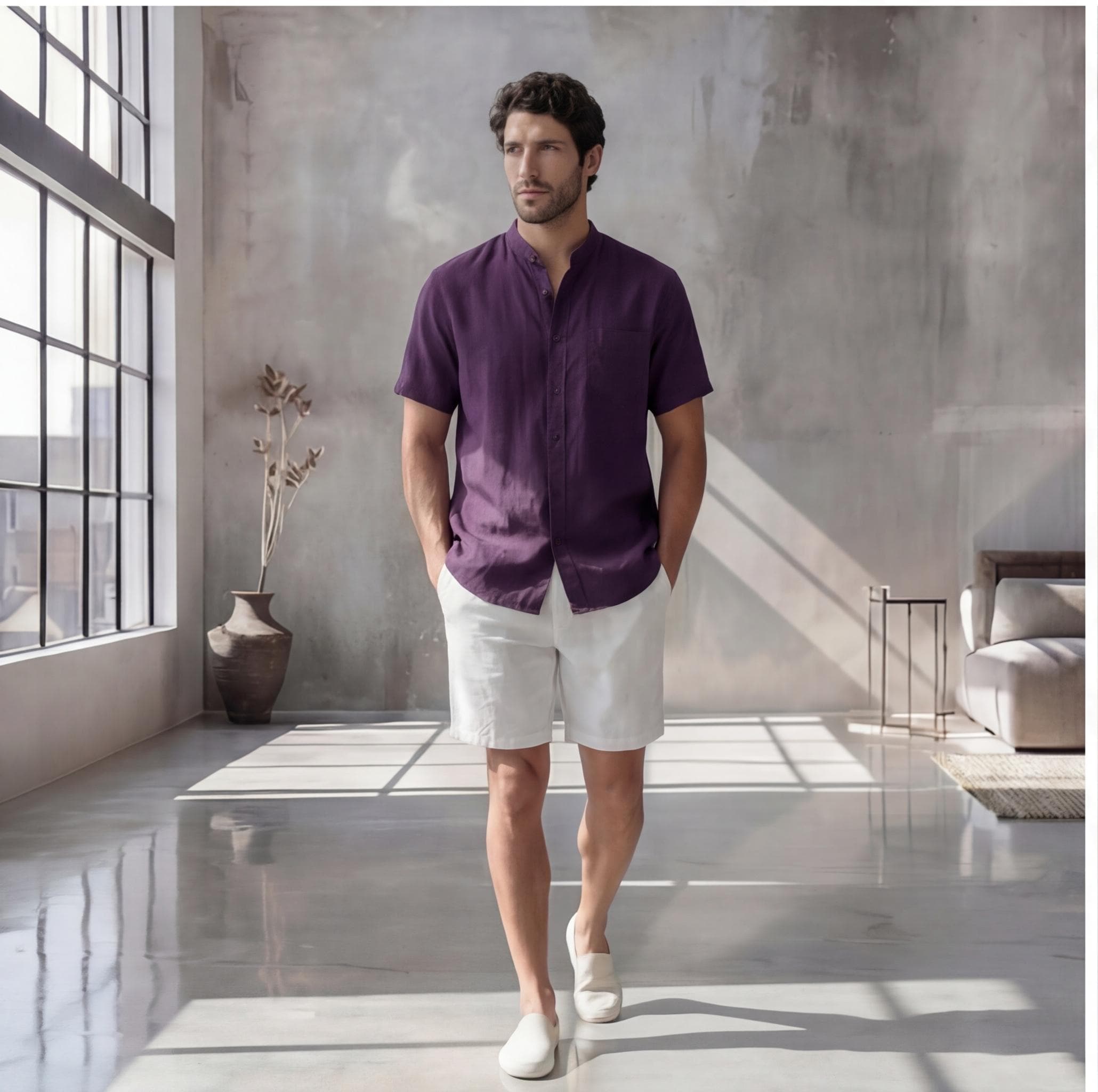Men's Relaxed Fit Short Sleeve Shirt with Mandarin Collar, crew neck tee, Short Sleeve Casual Summer Top, Solid Color Beachwear