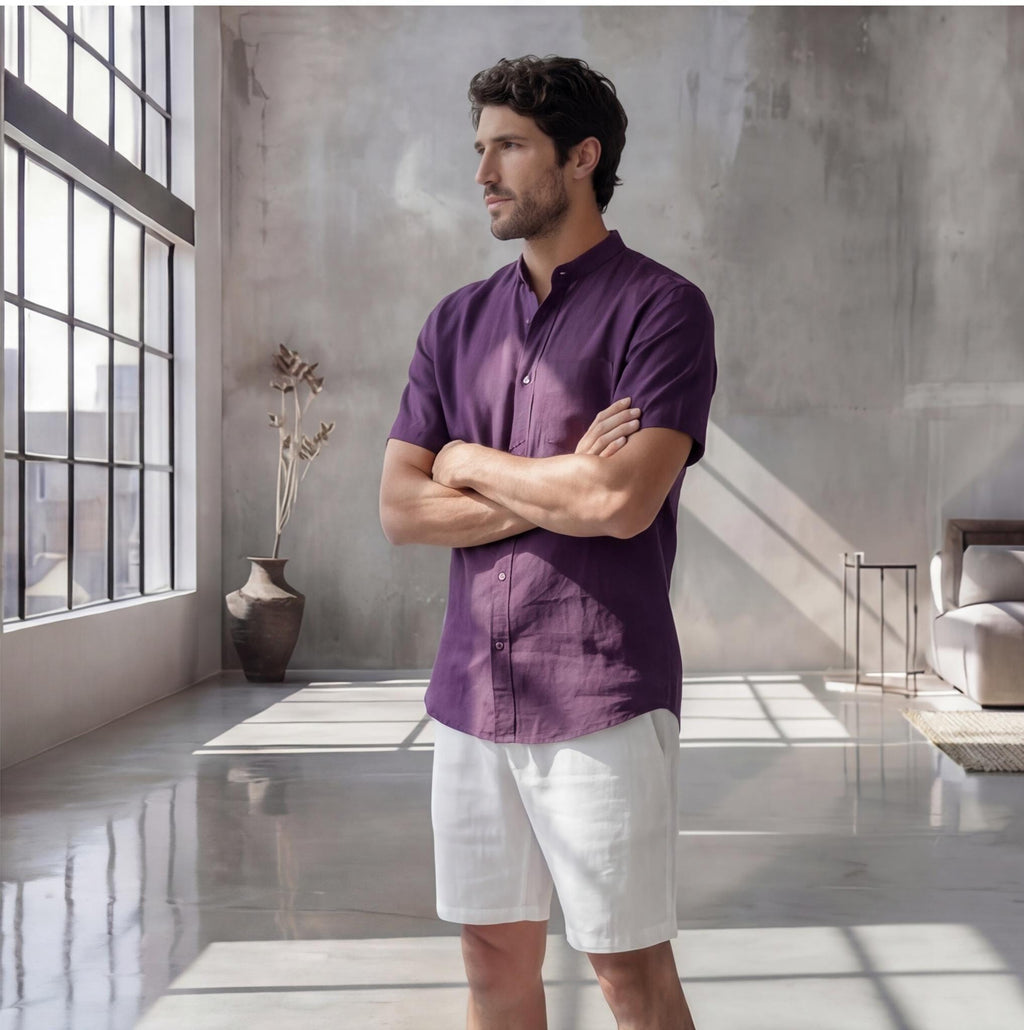 Men's Relaxed Fit Short Sleeve Shirt with Mandarin Collar, crew neck tee, Short Sleeve Casual Summer Top, Solid Color Beachwear