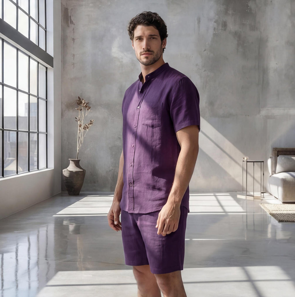 Men's Relaxed Fit Short Sleeve Shirt with Mandarin Collar, crew neck tee, Short Sleeve Casual Summer Top, Solid Color Beachwear