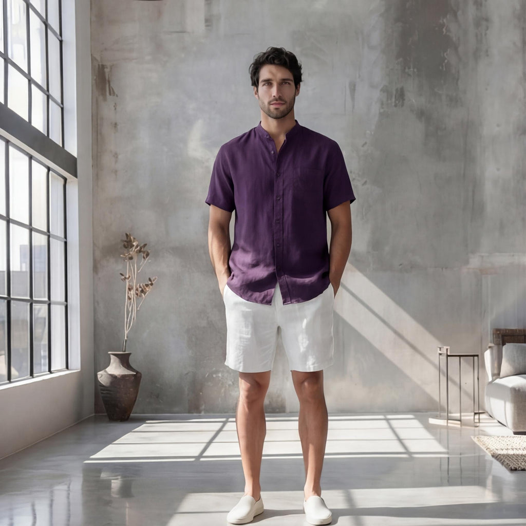 Men's Relaxed Fit Short Sleeve Shirt with Mandarin Collar, crew neck tee, Short Sleeve Casual Summer Top, Solid Color Beachwear