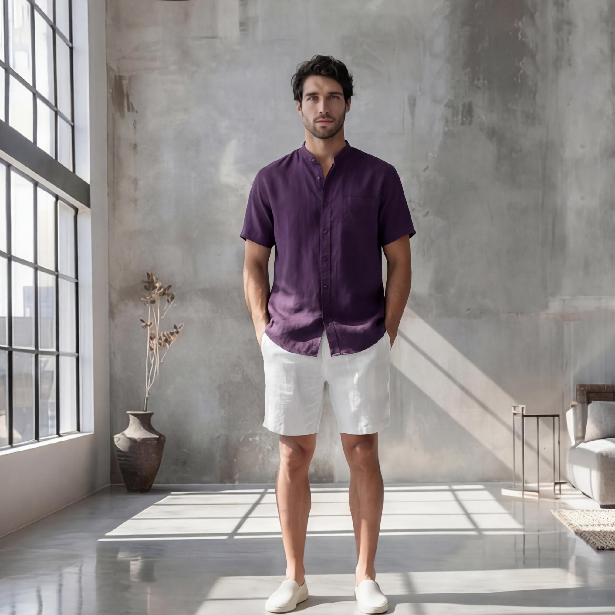 Men's Relaxed Fit Short Sleeve Shirt with Mandarin Collar, crew neck tee, Short Sleeve Casual Summer Top, Solid Color Beachwear