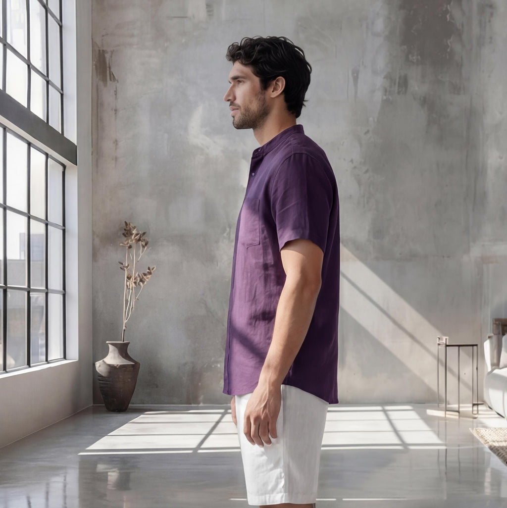 Men's Relaxed Fit Short Sleeve Shirt with Mandarin Collar, crew neck tee, Short Sleeve Casual Summer Top, Solid Color Beachwear