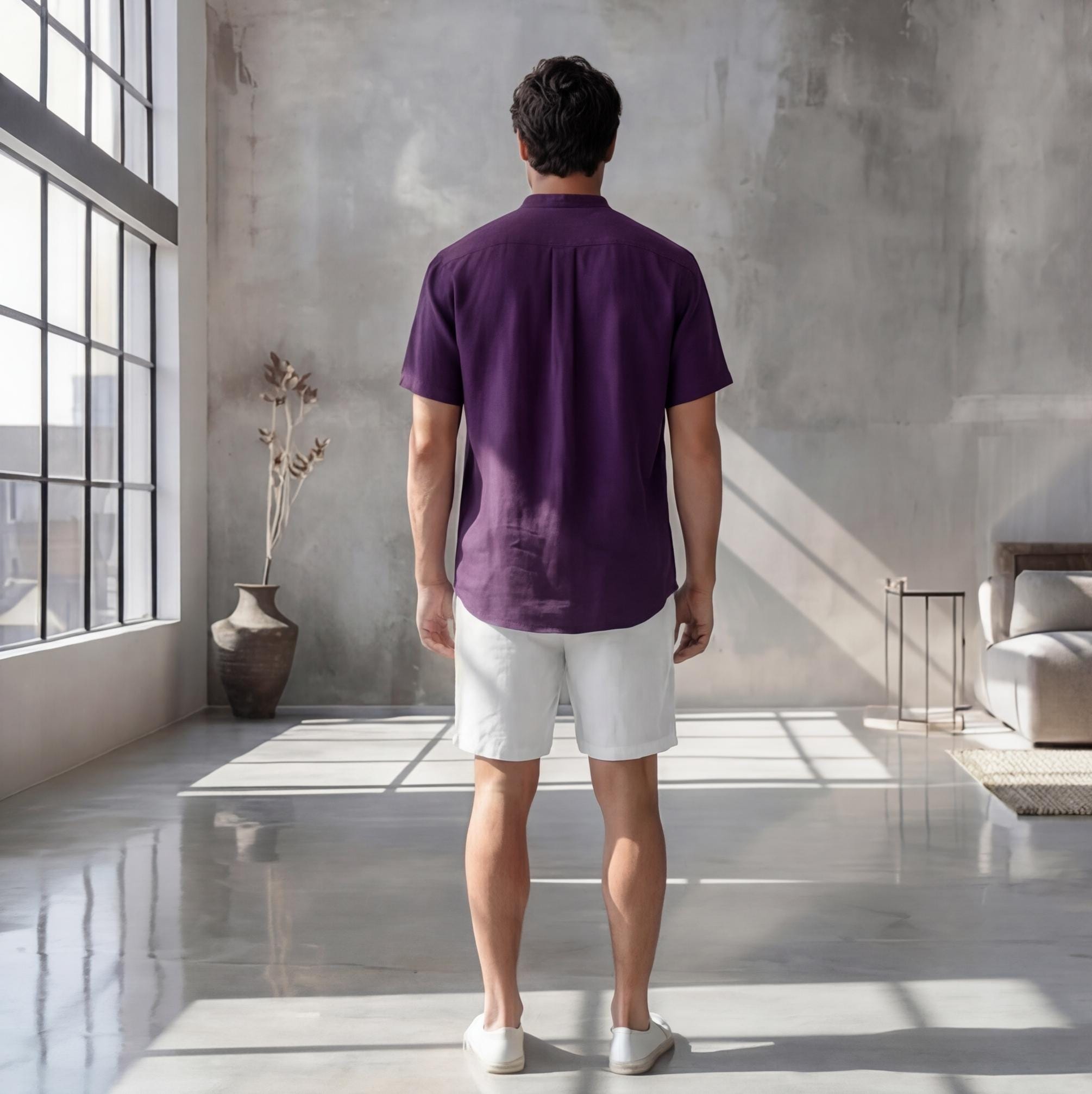 Men's Relaxed Fit Short Sleeve Shirt with Mandarin Collar, crew neck tee, Short Sleeve Casual Summer Top, Solid Color Beachwear