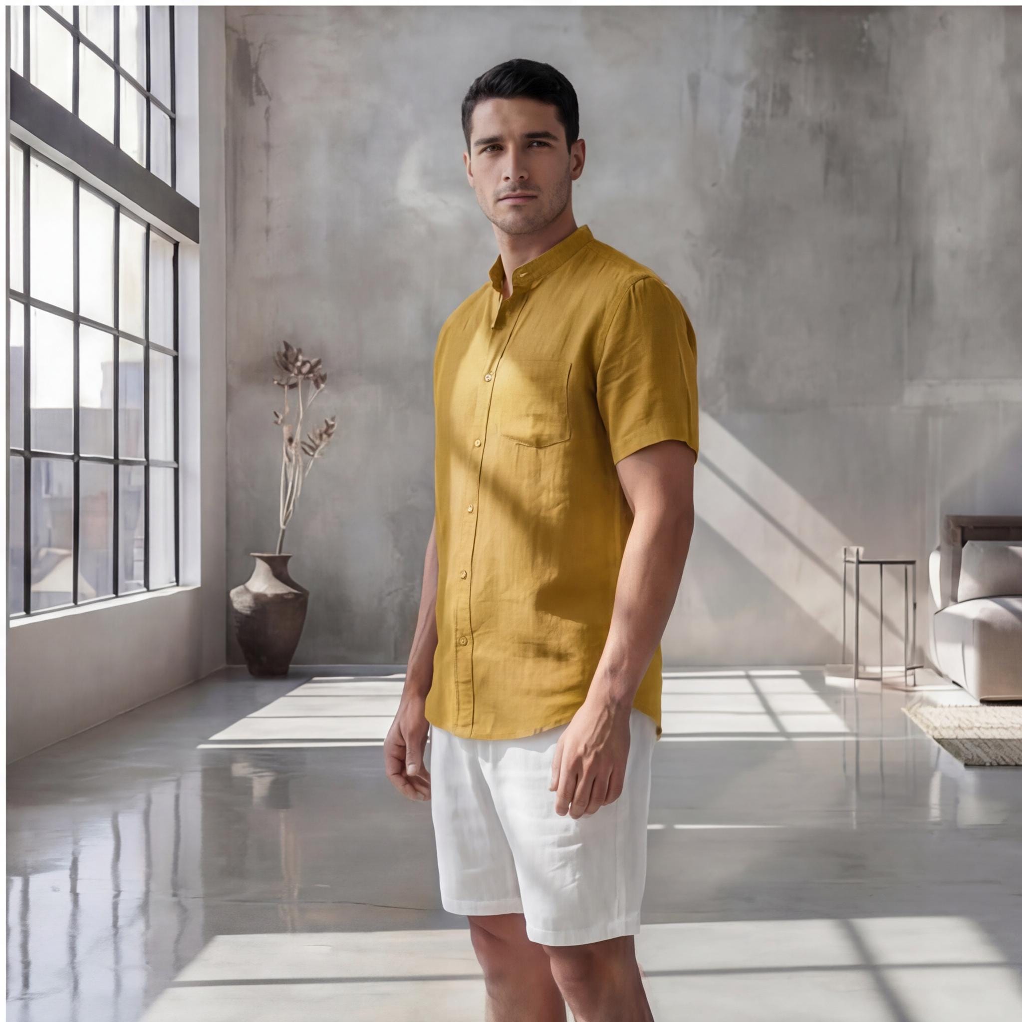 Men's Relaxed Fit Short Sleeve Shirt with Mandarin Collar, Oversize shirt Men, Gift for him, Beach linen shirt Men, mens party clothes