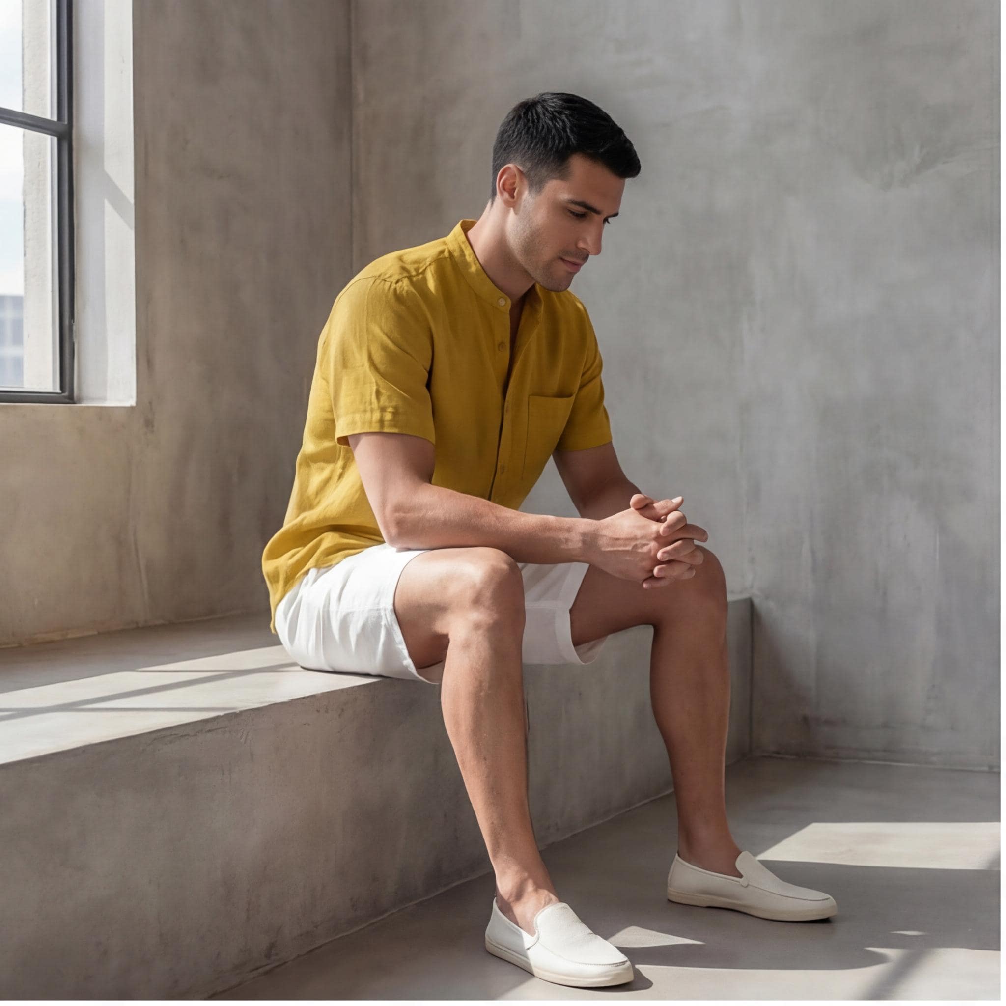 Men's Relaxed Fit Short Sleeve Shirt with Mandarin Collar, Oversize shirt Men, Gift for him, Beach linen shirt Men, mens party clothes