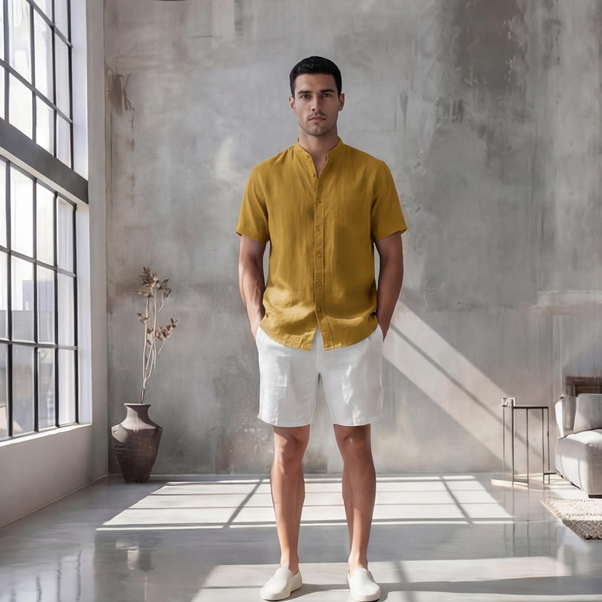 Men's Relaxed Fit Short Sleeve Shirt with Mandarin Collar, Oversize shirt Men, Gift for him, Beach linen shirt Men, mens party clothes