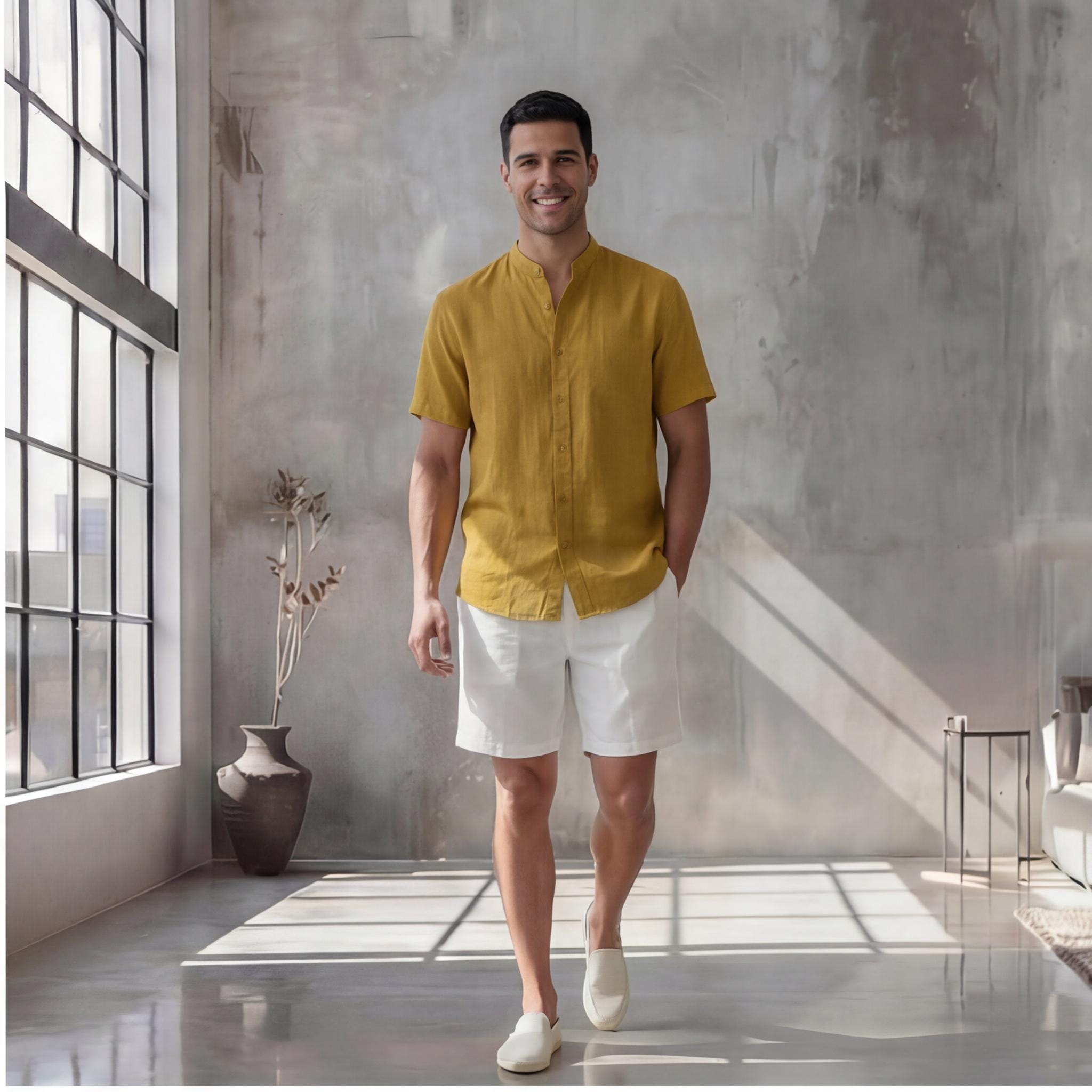 Men's Relaxed Fit Short Sleeve Shirt with Mandarin Collar, Oversize shirt Men, Gift for him, Beach linen shirt Men, mens party clothes