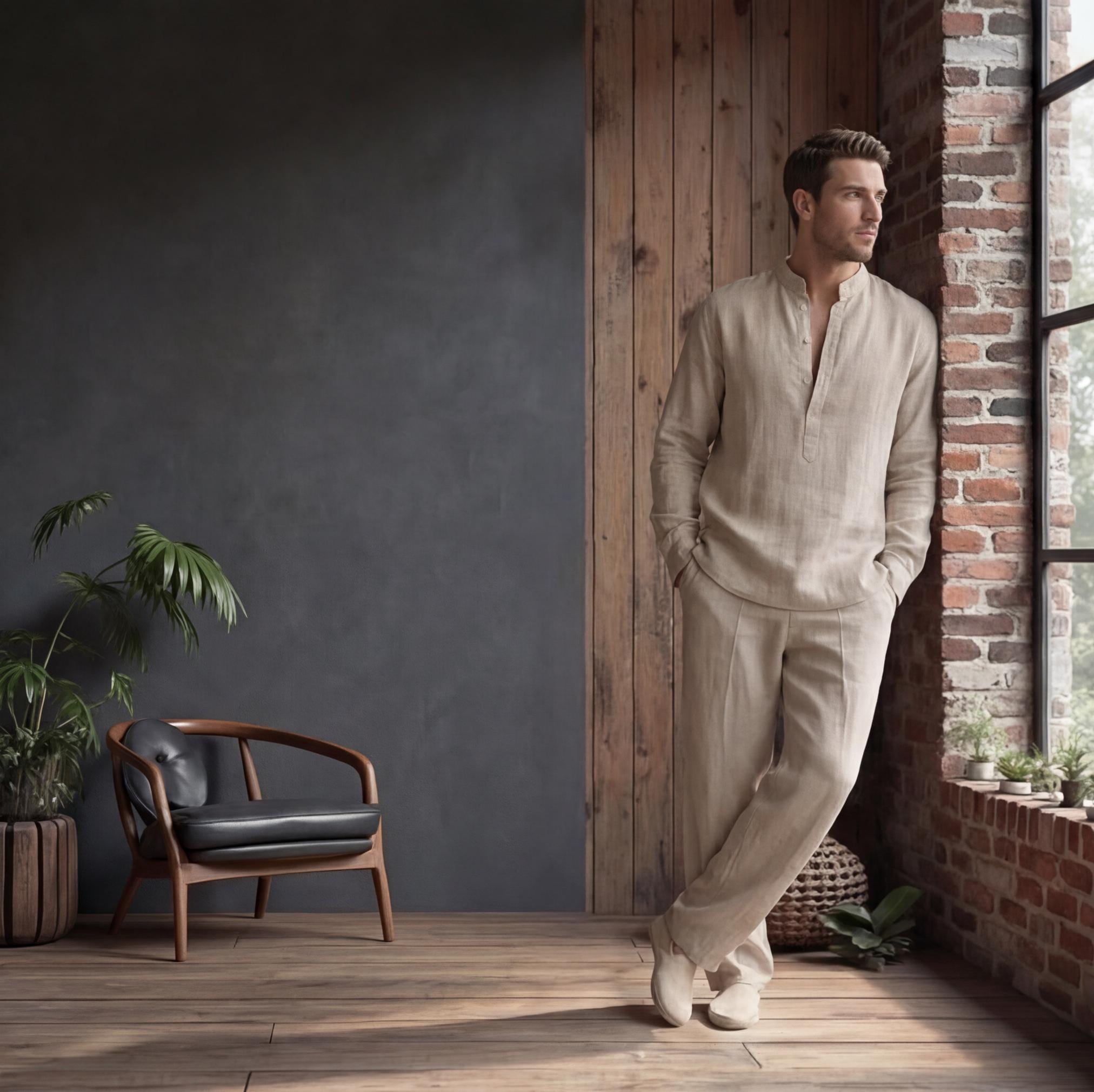 Linen clothes for Men, Relaxed Fit Linen Shirt with Mandarin Collar, Men's Linen Shirt, Modern Fit, Men Linen Resort Wear