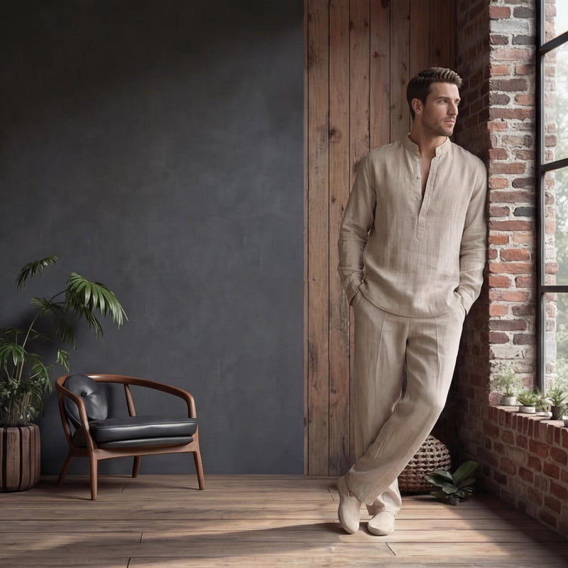 Men's Mandarin Collar Linen Shirt, Modern Fit, photo 2
