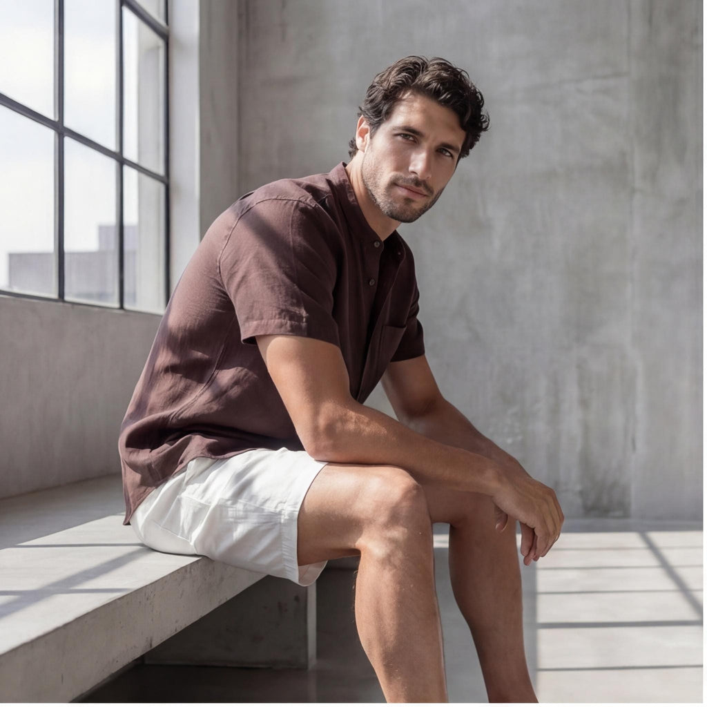 Men's Relaxed Fit Short Sleeve Shirt with Mandarin Collar, Solid Color Beachwear, Lightweight Breathable Plus Size Men’s Vacation Shirt
