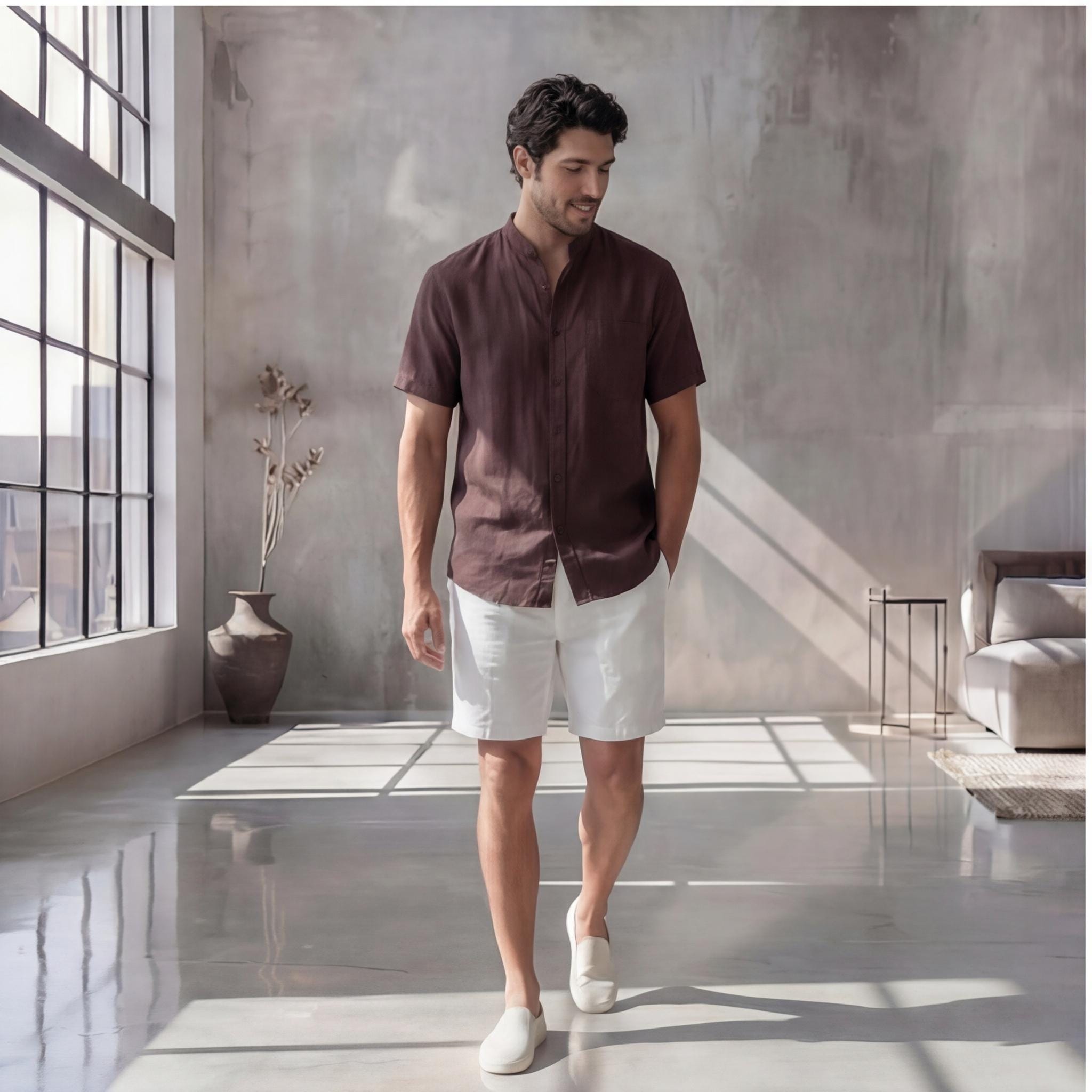 Men's Relaxed Fit Short Sleeve Shirt with Mandarin Collar, Solid Color Beachwear, Lightweight Breathable Plus Size Men’s Vacation Shirt