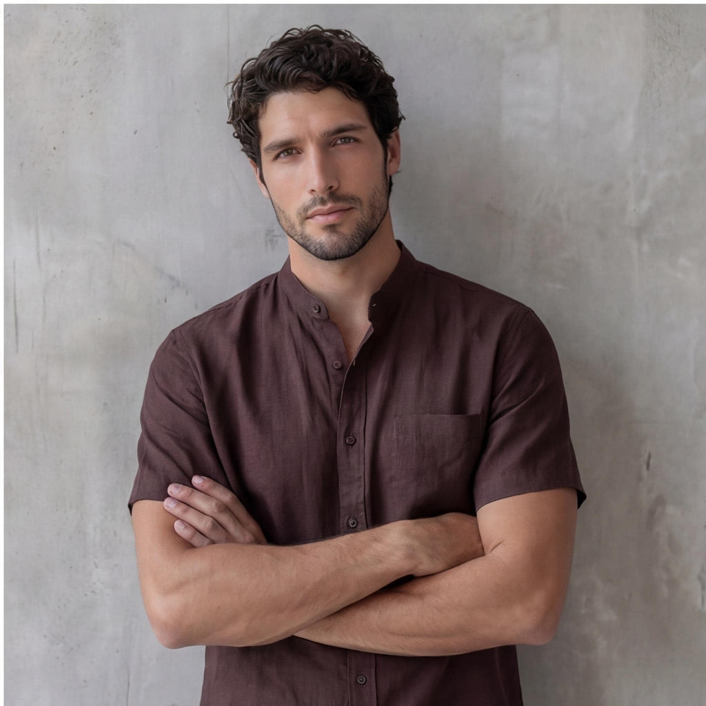 Men's Relaxed Fit Short Sleeve Shirt with Mandarin Collar, Solid Color Beachwear, Lightweight Breathable Plus Size Men’s Vacation Shirt