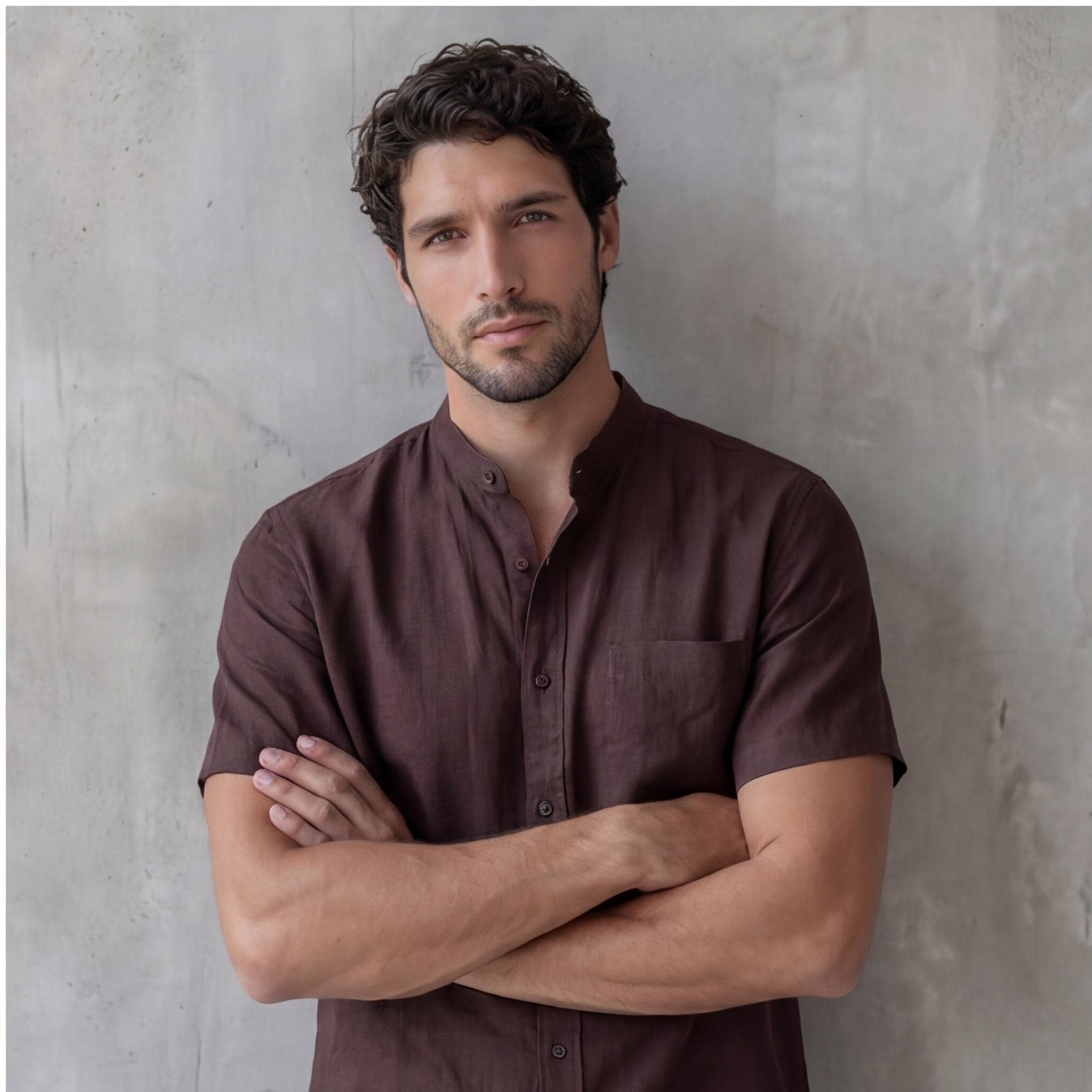 Men's Relaxed Fit Short Sleeve Shirt with Mandarin Collar, Solid Color Beachwear, Lightweight Breathable Plus Size Men’s Vacation Shirt