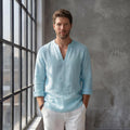 Linen Shirt in Deep V-Slit Neck with Full Sleeves, Linen Men's Long-Sleeved Shirts Summer, Minimal Fashionable Men Linen Shirt, Gift for Men