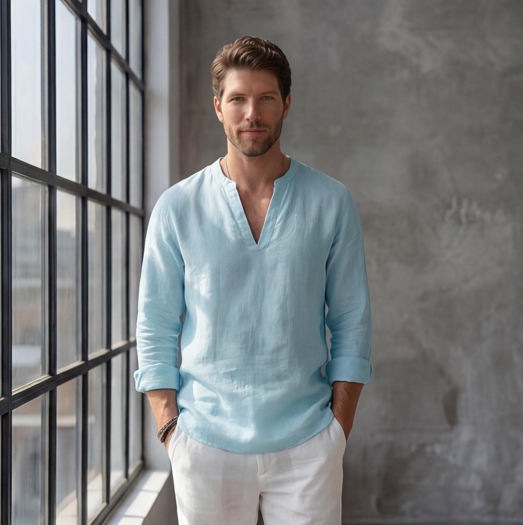 Linen Shirt in Deep V-Slit Neck with Full Sleeves, Linen Men's Long-Sleeved Shirts Summer, Minimal Fashionable Men Linen Shirt, Gift for Men