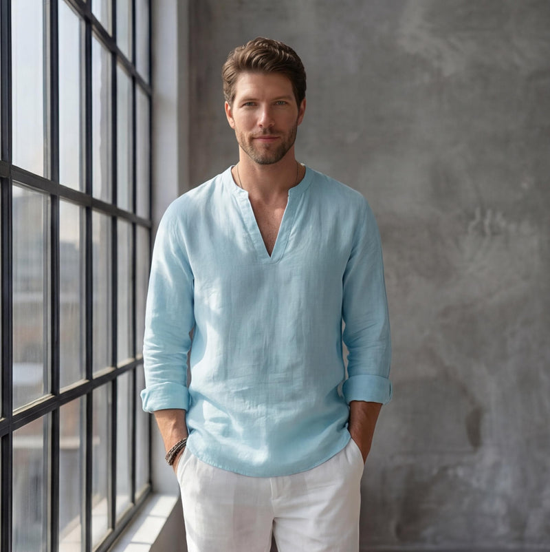 Men's Linen V-Slit Neck Shirt, Gift for Men