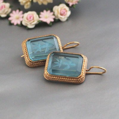 Blue Intaglio Earrings, Victorian Bridal Style, Gold