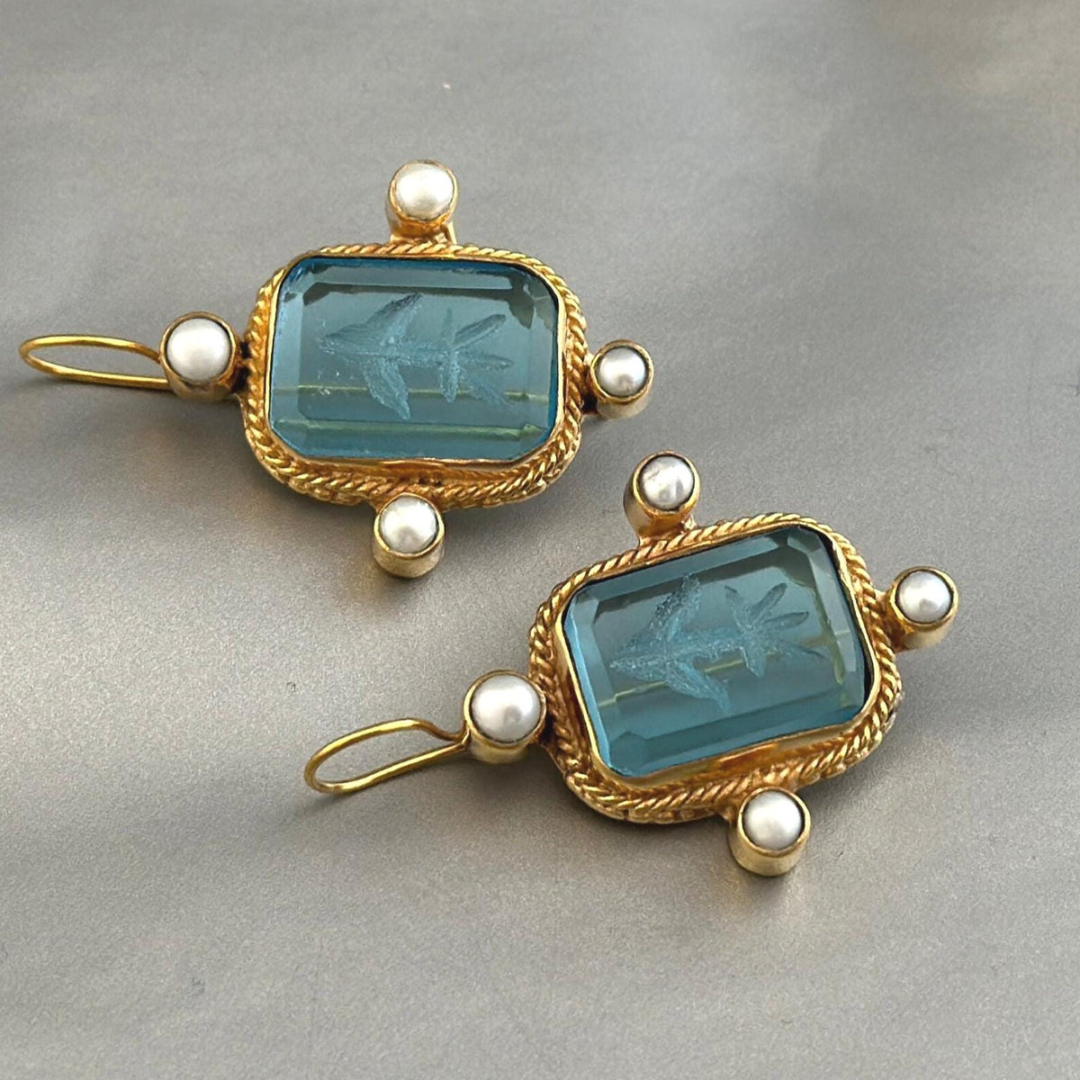 Blue Rectangular Intaglio Earrings, Something Blue Bridal, Gold Plated, photo 2