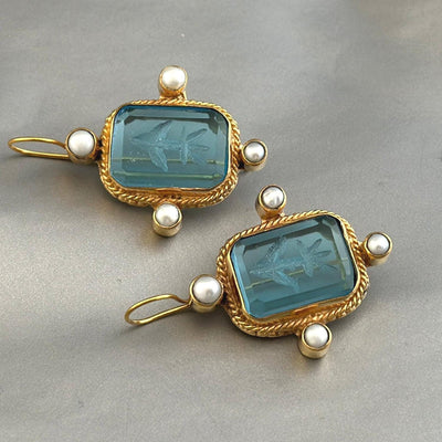 Blue Rectangular Intaglio Earrings, Something Blue Bridal, Gold Plated, photo 2