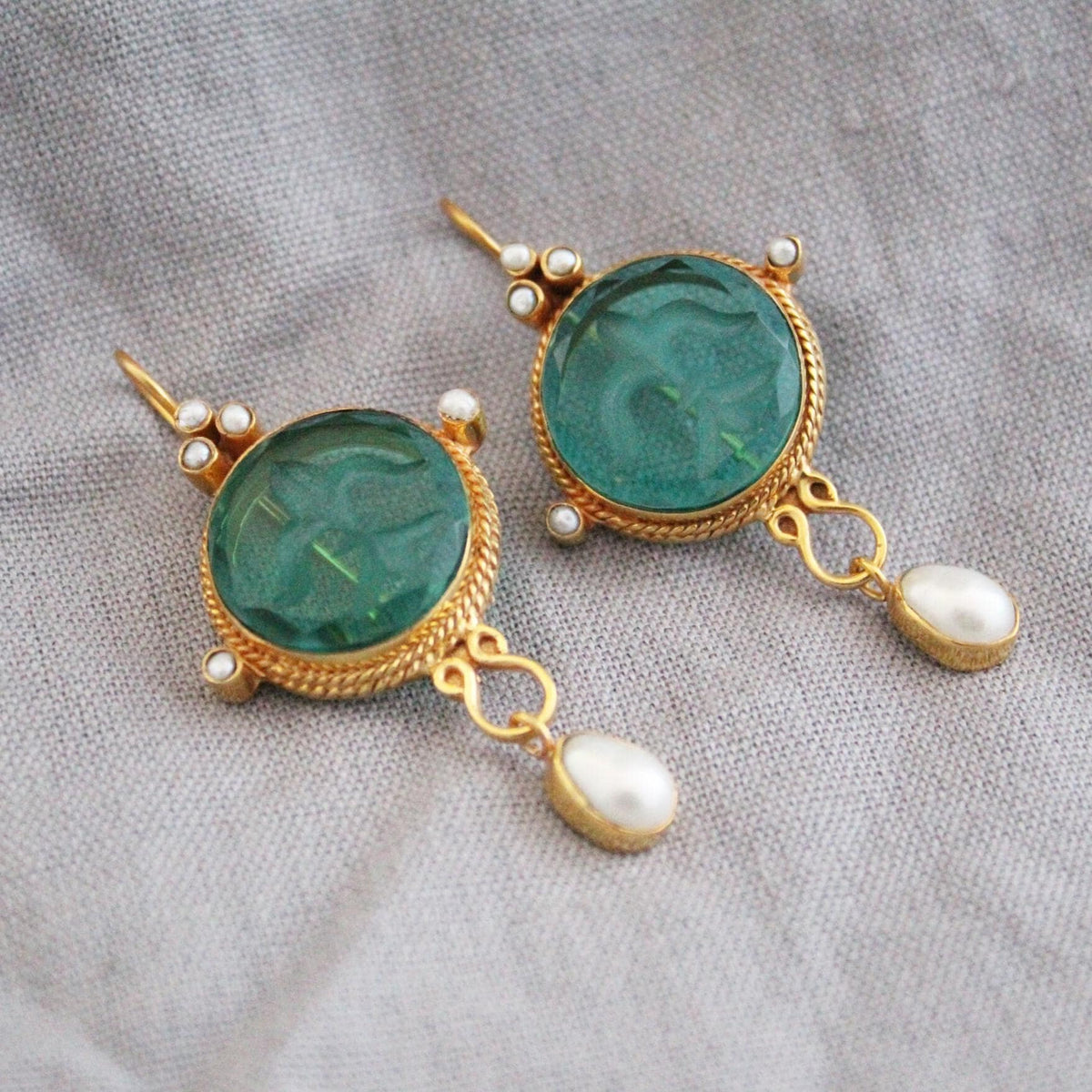 Green Intaglio Statement Earrings, Bridal Gold