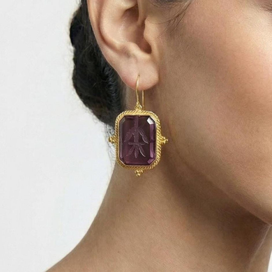 Purple Intaglio Glass Earrings, Ancient Roman Style, Gold Vermeil, photo 2