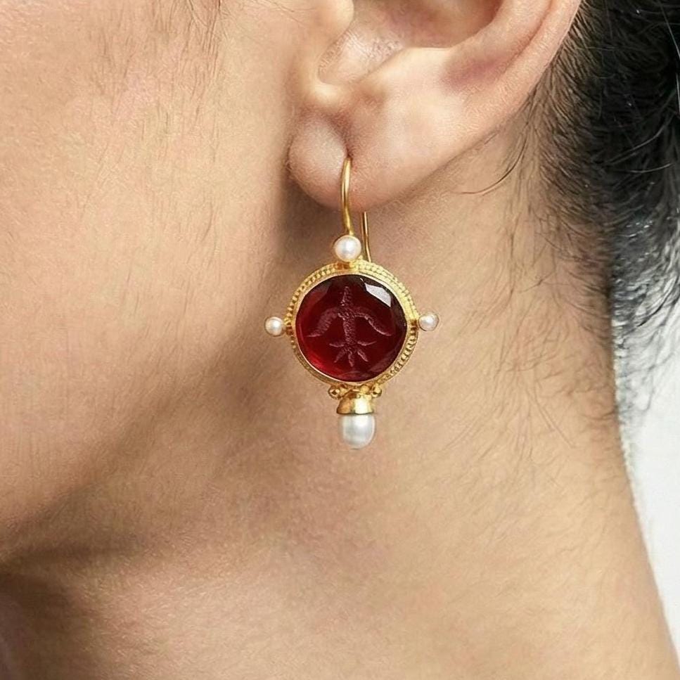 Red Intaglio Crystal Earrings, Victorian Style, Gold, photo 2