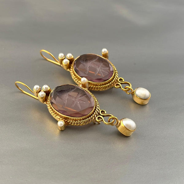 Purple Intaglio Earrings, Roman Style, Gold Vermeil Dangles