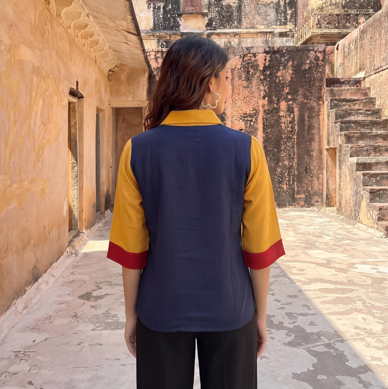 Red Blue Yellow Colorblock Linen Top, Linen Multi Color Shirts for Women, Pure Linen Clothing, Handmade Custom Linen Clothing