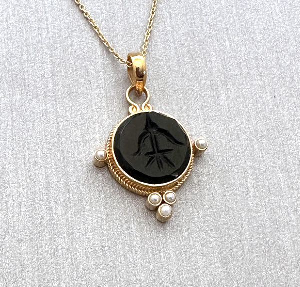 Black Intaglio Necklace, Gothic Vintage Cameo Pendant