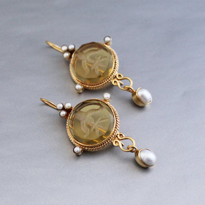 Fleur-de-lis Intaglio Earrings, Victorian Style, 14K Gold
