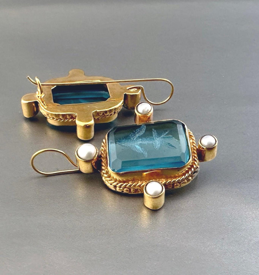 Blue Rectangular Intaglio Earrings, Something Blue Bridal, Gold Plated, photo 6