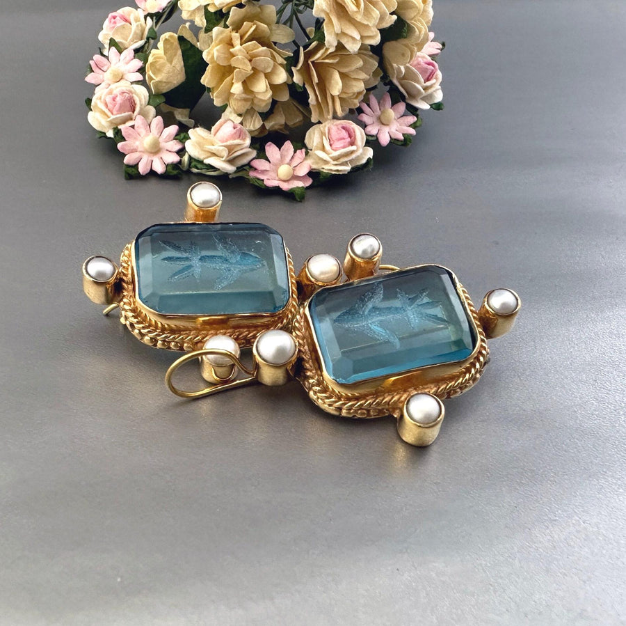 Blue Rectangular Intaglio Earrings, Something Blue Bridal, Gold Plated