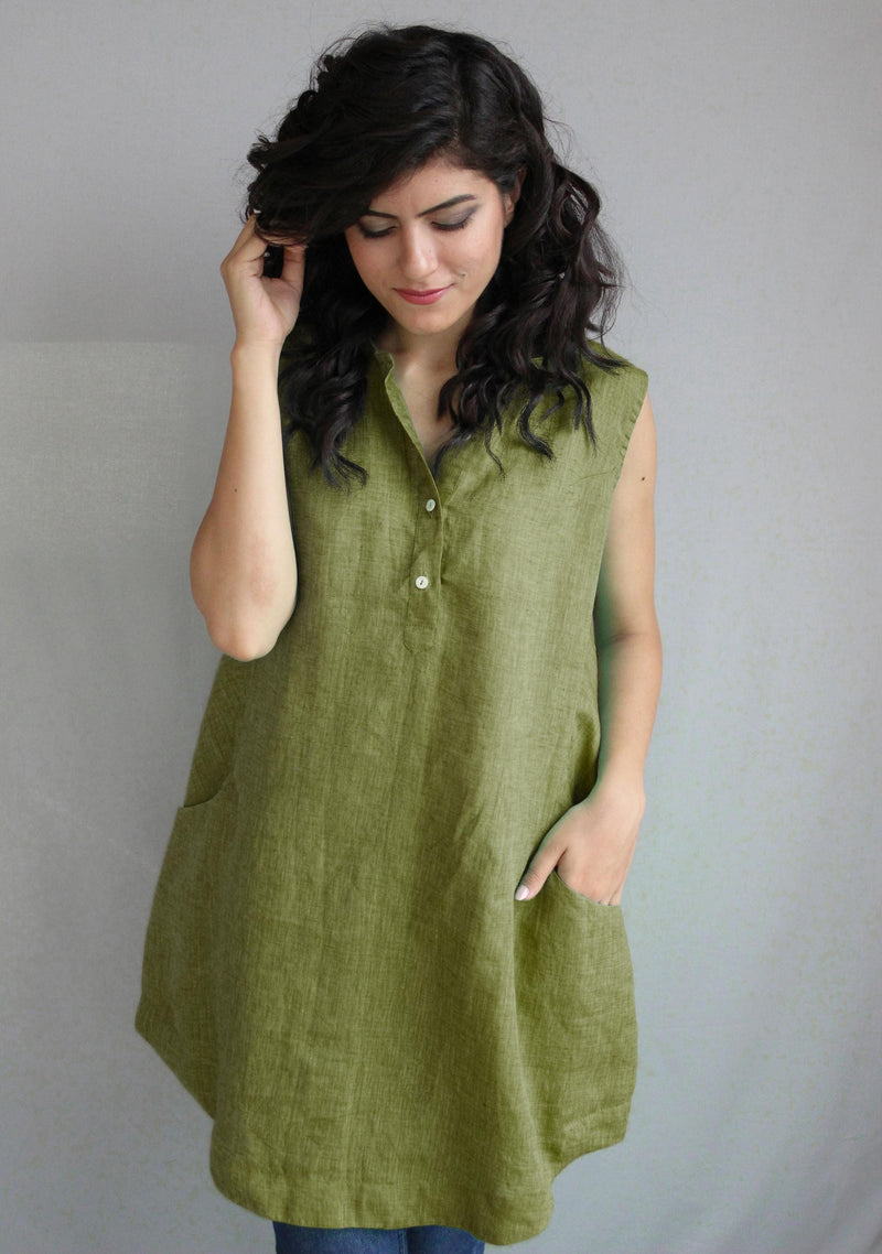 Sleeveless Linen Mini Dress with Pockets
