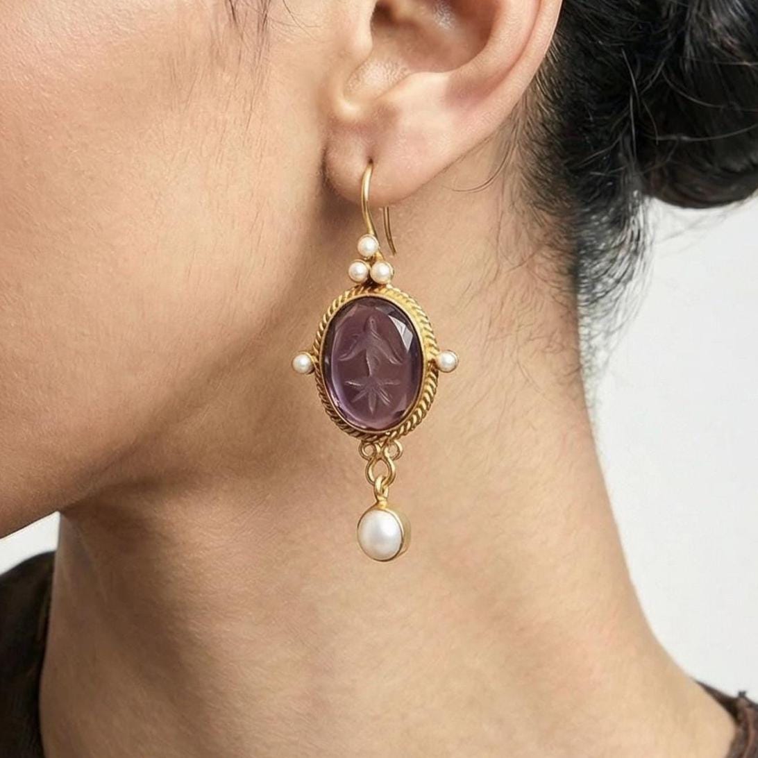 Purple Intaglio Earrings, Roman Style, Gold Vermeil Dangles, photo 2