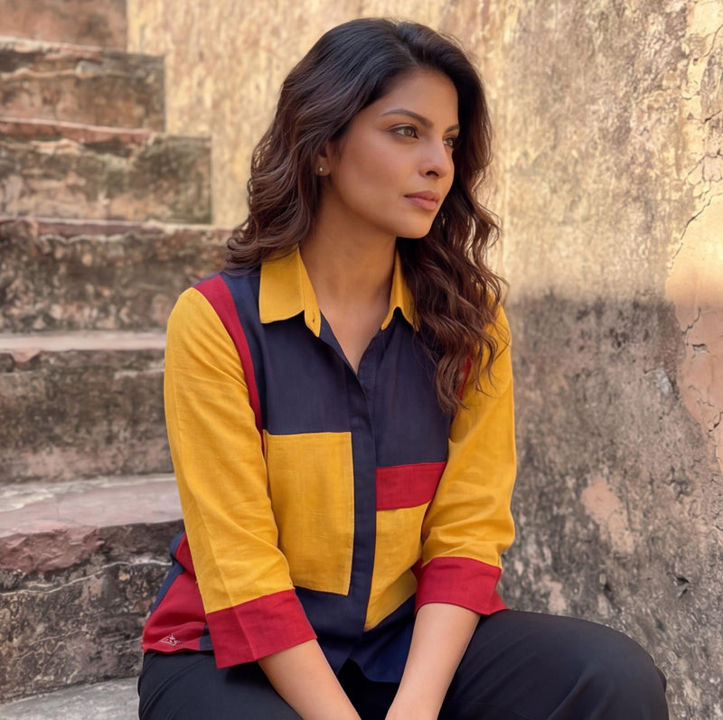 Red Blue Yellow Colorblock Linen Top, Linen Multi Color Shirts for Women, Pure Linen Clothing, Handmade Custom Linen Clothing