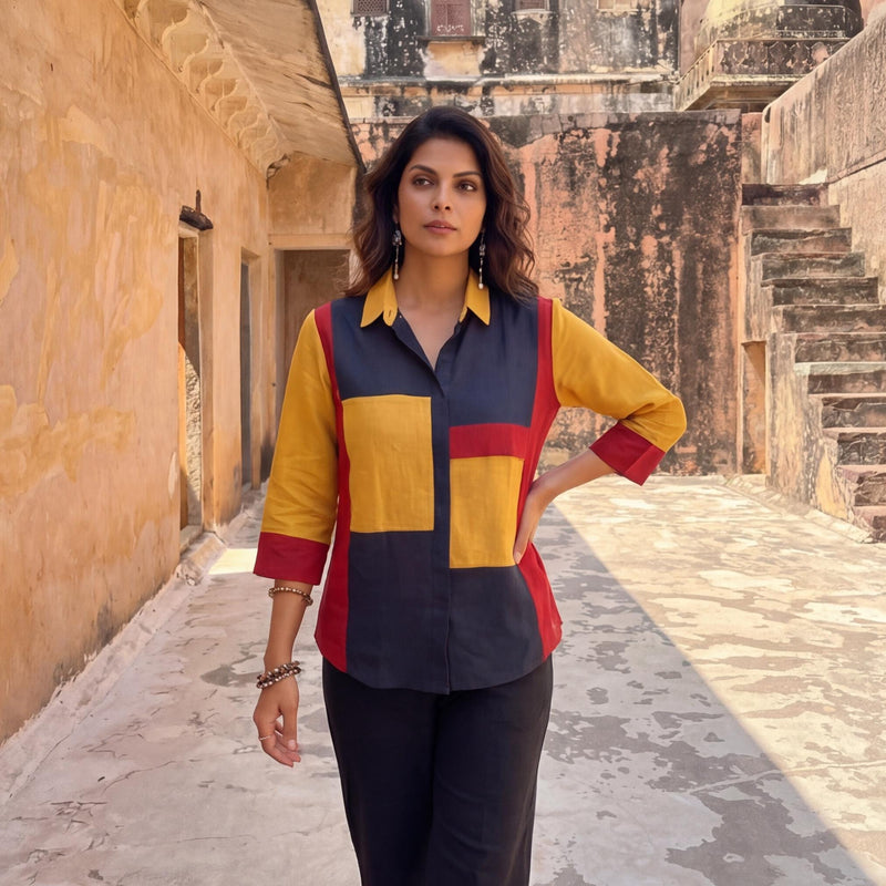 Red Blue Yellow Colorblock Linen Top, Linen Multi Color Shirts for Women, Pure Linen Clothing, Handmade Custom Linen Clothing