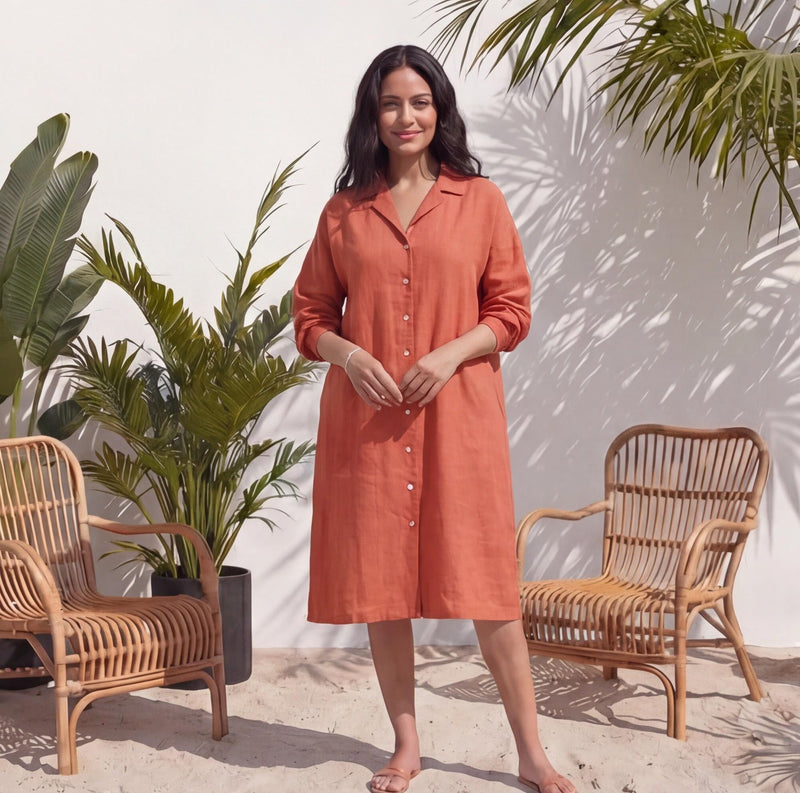 Linen Shirt Dress with Pockets and 3/4th Sleeves, Lightweight Linen Tunic for Women Summer tunic
