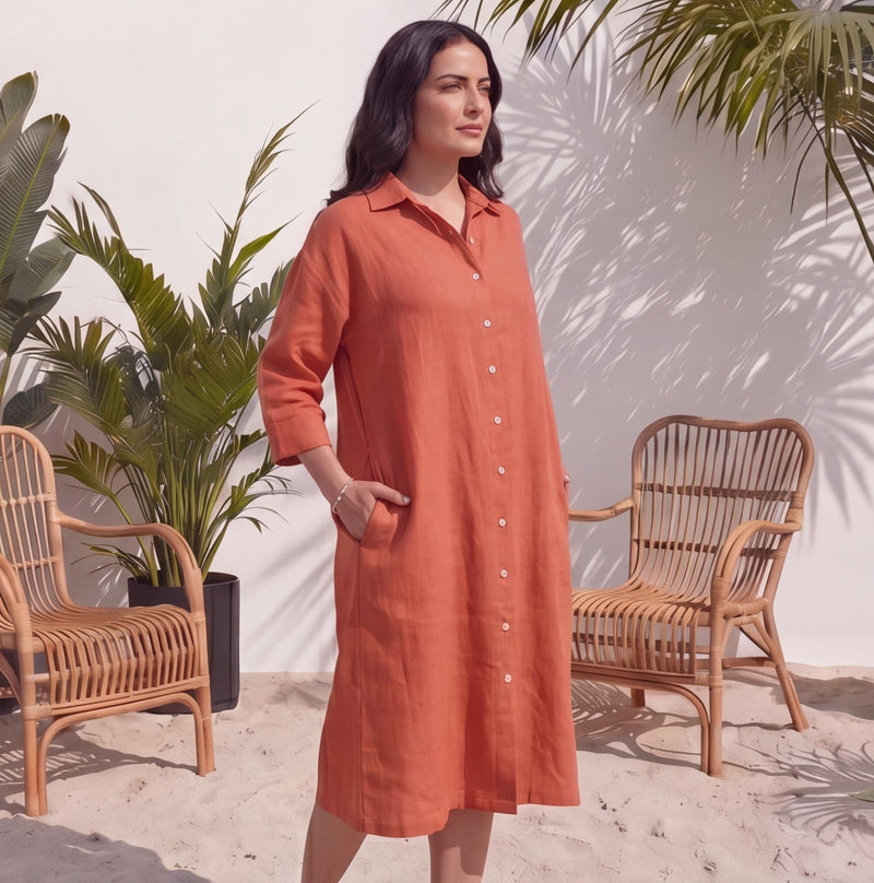 Linen Shirt Dress with Pockets and 3/4th Sleeves