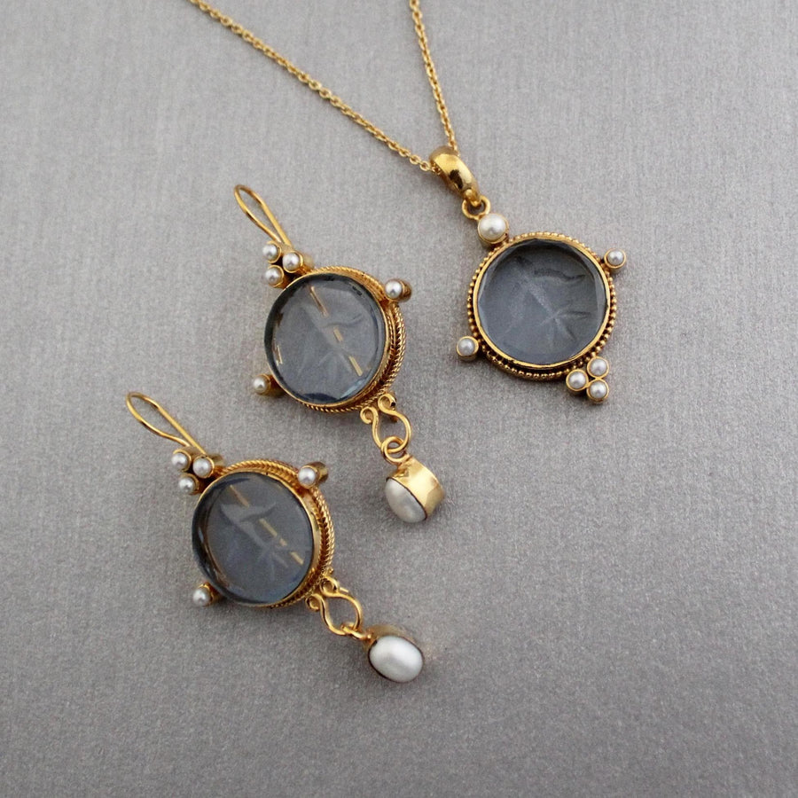 Blue Intaglio Pendant Necklace and Pearl Earrings Set, Gold Tone