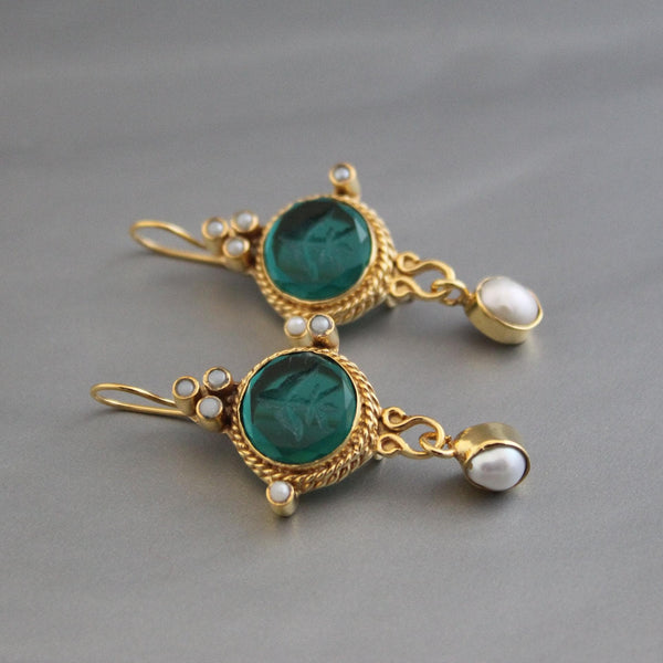 Small Green Intaglio Crystal Earrings, 1940s Cameo Style, 18K Gold