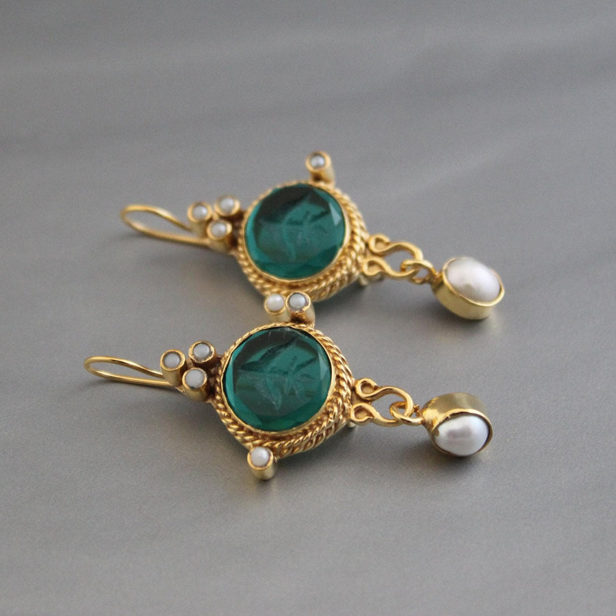 Small Green Intaglio Crystal Earrings, 1940s Cameo Style, 18K Gold