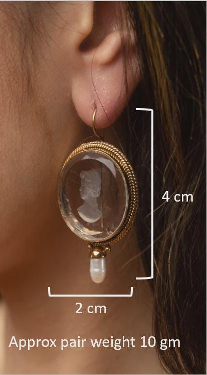 Olive Green Intaglio Crystal Earrings, Art Deco Style, Gold and Pearl, photo 3